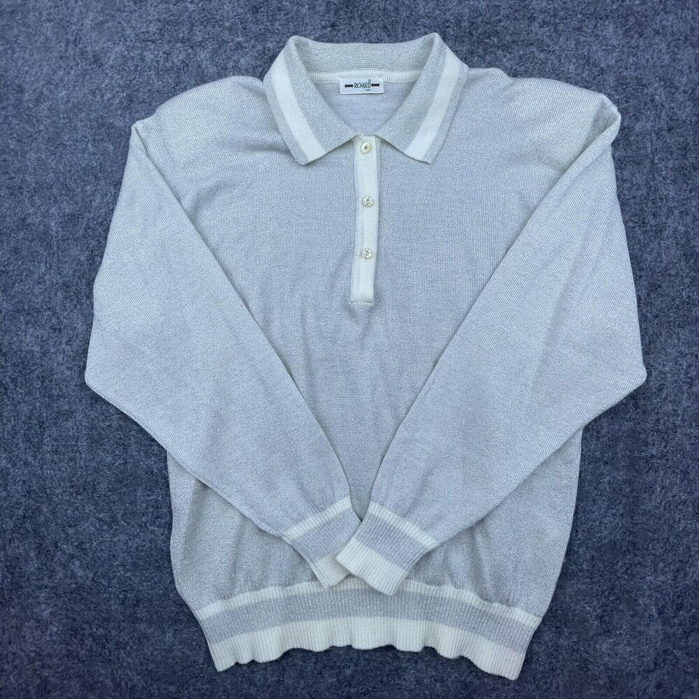 Vintage Richard 99 Sweater Small‎ Grey Sparkle Metallic Rhinestone Preppy Banded